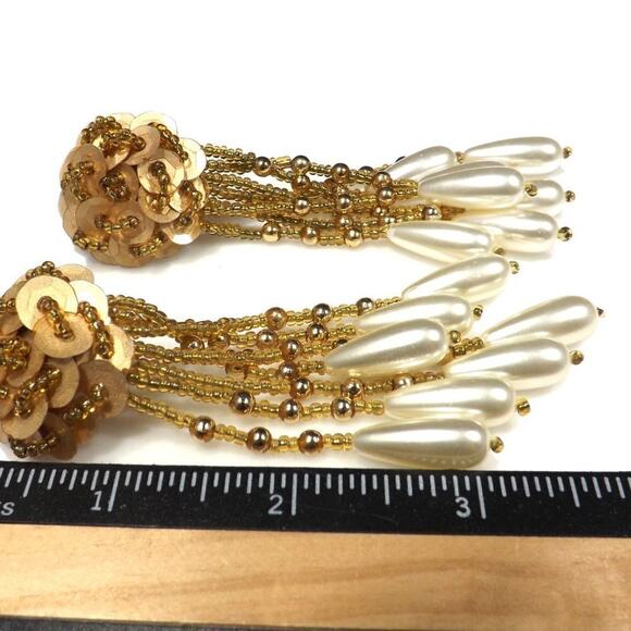 Vintage Gold Sequin Bead Dangle Earrings, Long Tassel Pearl Drop Clip On Jewelry - Picture 5 of 8